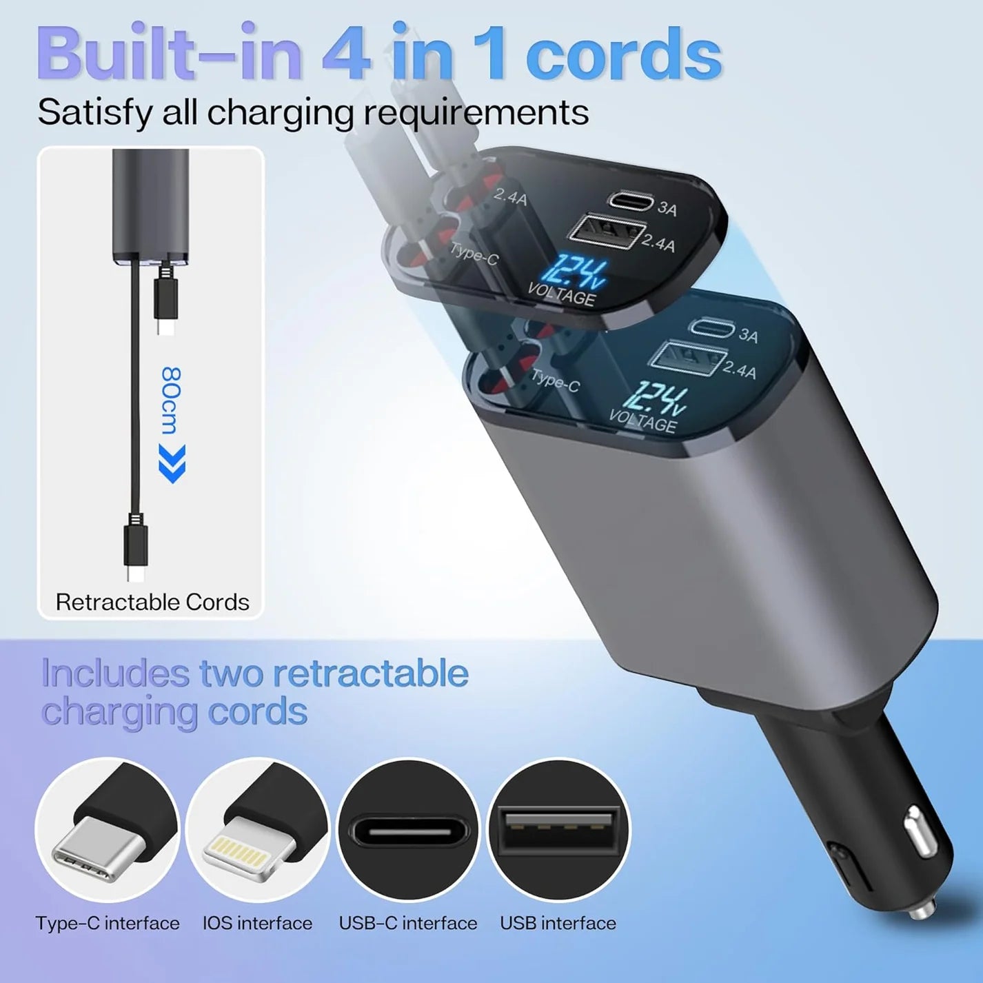 RhinoGuardAccessories Retractable Car Charger 120W 4 in 1 Superfast