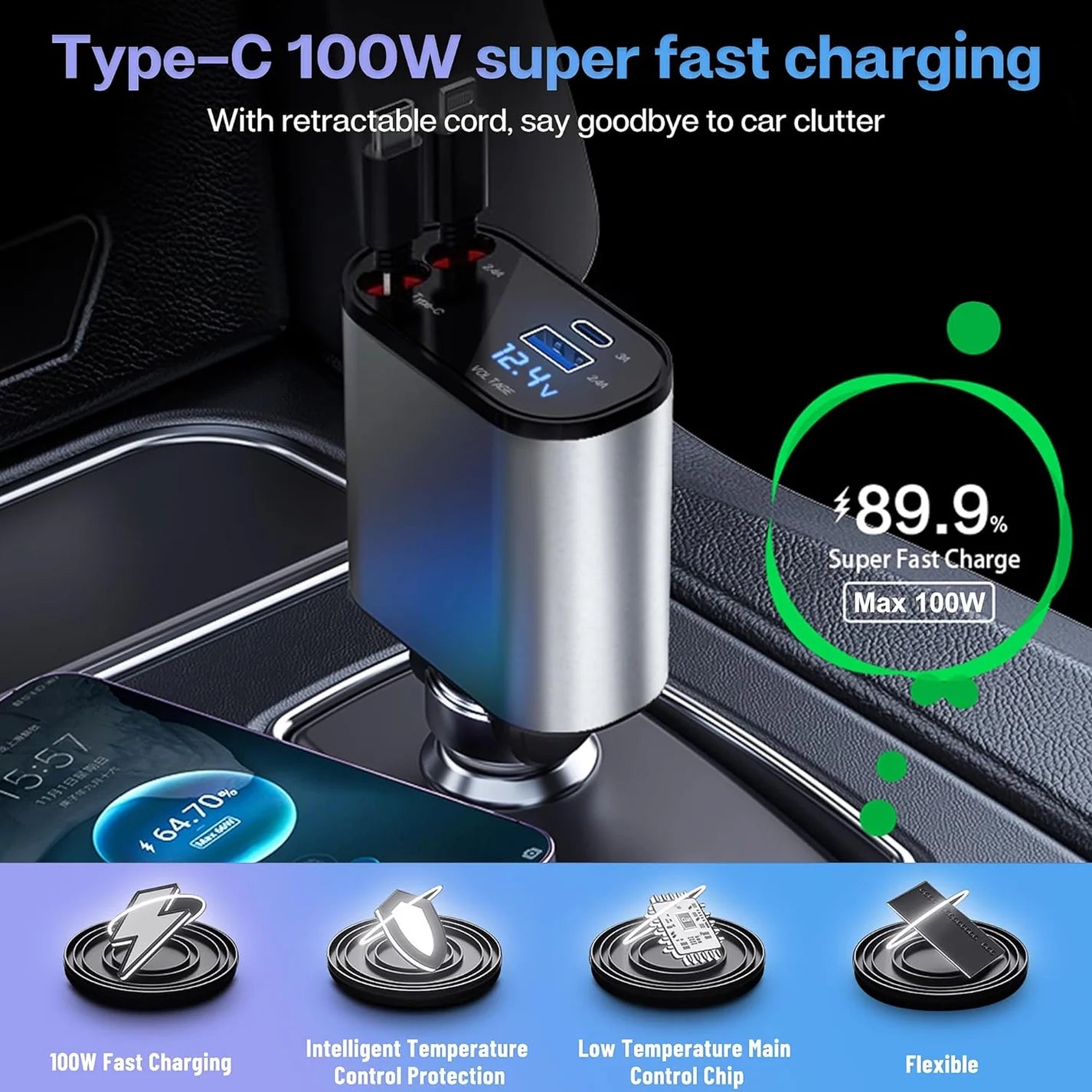 RhinoGuardAccessories Retractable Car Charger 120W 4 in 1 Superfast